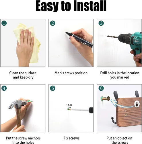 Miniatura 6 de Gohiuo Perchero Rústico para Montaje en Pared, Ganchos de Pared de Madera con 5 Ganchos Triples, Perchero de Madera Resistente para Colgar