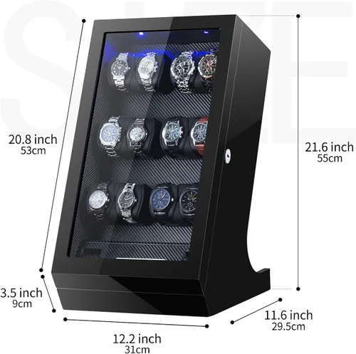 Miniatura 4 de TEEMING Caja de almacenamiento automática para 12 bobinadoras de relojes + 2 vitrinas de relojes, funda giratoria para relojes, motor silencioso