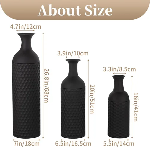 Miniatura 6 de Sziqiqi - Grandes jarrones negros de 68,6 cm de alto - Juego de 3 jarrones de metal con textura de panal de abeja moderna para el suelo, jarrón