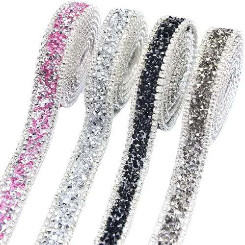 Miniatura 3 de Apliques de diamantes de imitación de cristal de 1 yarda, cinta de diamantes de imitación brillante, rollo cosido o caliente para vestidos