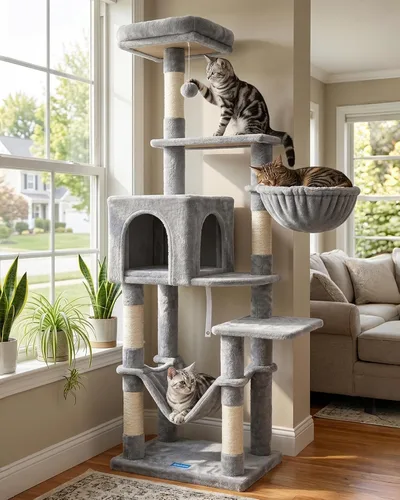 Hey-brother Árbol para gatos con hamaca grande, torre para gatos de varios niveles para gatos de interior, condominio para gatos con postes claro