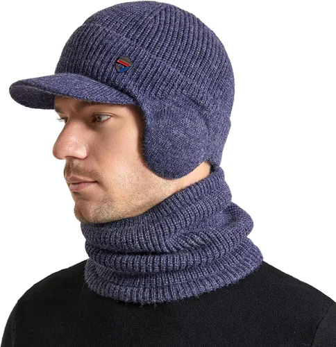 Miniatura 6 de Muryobao Gorro de invierno para hombre, con visera de punto, con forro polar y calentador de cuello