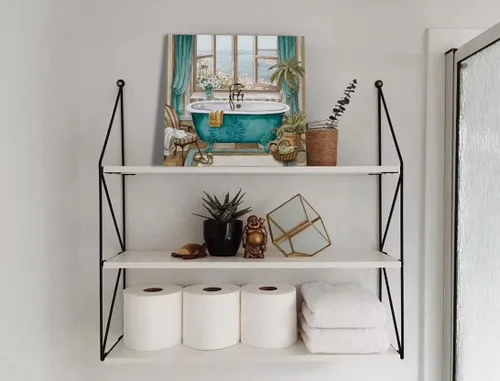 Miniatura 2 de LAIART Impresión en Lienzo para Baño Arte Decorativo de Pared Imagen de Bañera Verde Azulado Vista al Mar desde la Ventana Obra de Arte