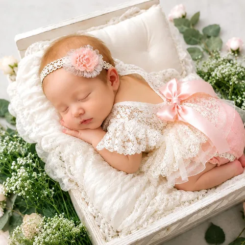 Miniatura 4 de ForBaysy Accesorios de Fotografía para Recién Nacidos Conjunto de Niña Mameluco de Encaje a Juego con Linda Diadema de Flores Vestido para Recién
