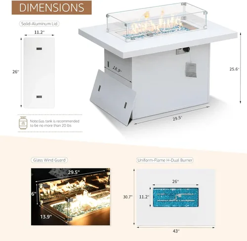 Miniatura 4 de BULEXYARD Mesa de Hoguera de Propano para Exteriores de Aluminio de 43", Mesa de Centro de Hoguera Rectangular de 60,000 BTU con Protector contra