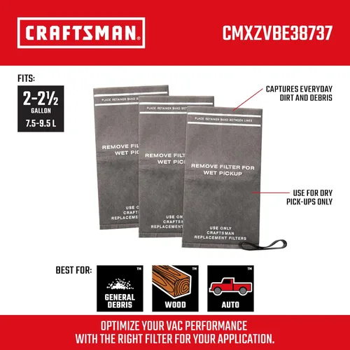 Miniatura 2 de CRAFTSMAN CMXZVBE38737 - Bolsas de filtro de repuesto para aspiradora de residuos generales genuinos en seco y húmedo con banda de retención