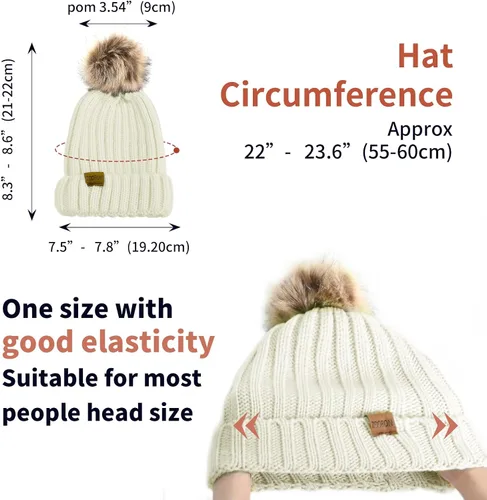 Miniatura 3 de ZOORON Gorro de punto de invierno para mujer con pompón de piel sintética, gorro de punto cálido para mujer