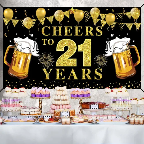 Miniatura 3 de Decoración de pancarta de feliz cumpleaños número 21, suministros de fiesta de telón de fondo de texto en negro y dorado con texto en inglés "Cheers