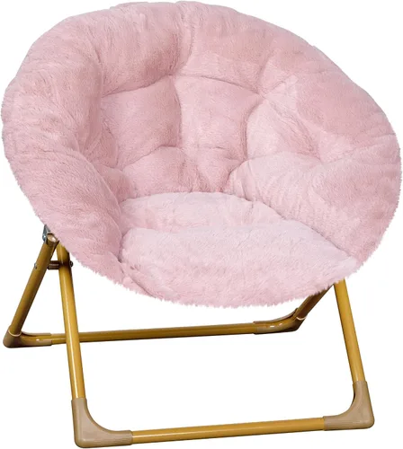 Flash Furniture Silla Mini Plegable y Acogedora Gwen para Niños - Silla Lunar de Pelo Sintético Color Rosa Claro - Estructura de Metal Dorado Suave