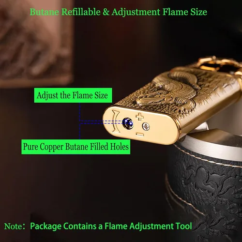 Miniatura 4 de Encendedor de antorcha, diseño de cocodrilo en relieve, encendedor mágico de doble llama con herramienta de llama de ajuste, encendedores de butano