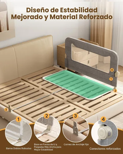 Miniatura 2 de Barandilla de cama plegable para niños pequeños, estructura reforzada de acero al carbono de 47 pulgadas y conectores, tela catiónica transpirable