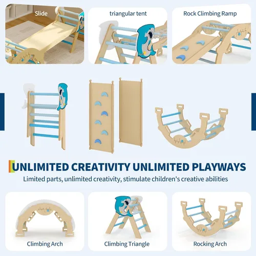 Miniatura 5 de Juguetes de escalada 4 en 1 para niños pequeños con rampa, arco y escalera, juego de triángulos Pikler con construcción de madera, juego de escalada