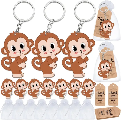 El paquete de 60 recuerdos de fiesta de mono incluye 20 llaveros de mono, 20 etiquetas de agradecimiento, 20 bolsas de regalo para fiesta de safari,