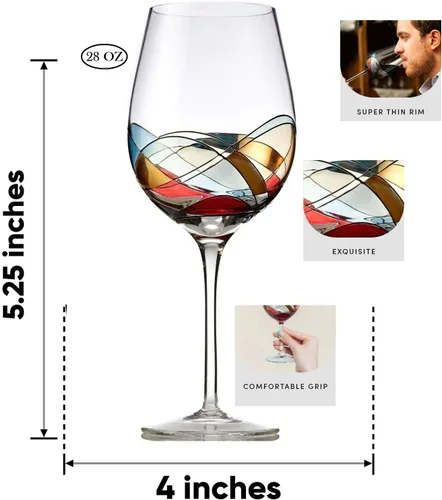 Miniatura 2 de Bezrat Juego de 2 copas de vino tinto, copas de vino únicas pintadas a mano, esenciales para beber, 11 pulgadas de alto, copa de vino grande