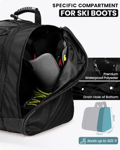 Miniatura 4 de OutdoorMaster Bolsa para botas de esquí de 38L, mochila para botas de snowboard para viajes aéreos con fondo impermeable para casco de esquí, lentes