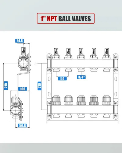 Miniatura 4 de Colector de calefacción de suelo radiante de 2 bucles, tubería PEX, colectores hidrónicos, colector de piso de acero inoxidable radiante