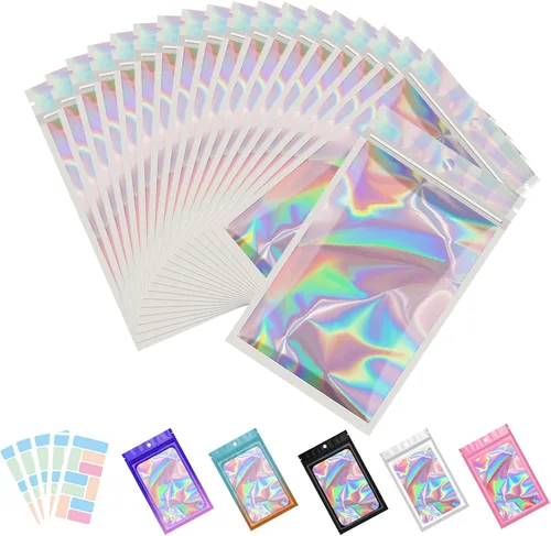 Miniatura 16 de Paquete de 100 bolsas de Mylar con ventana transparente, holográficas, a prueba de olores, para pequeñas empresas, bolsas resellables
