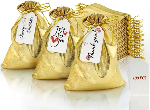 Miniatura 10 de DOYIDE 50 bolsas de regalo con cordón dorado, bolsas de joyería de 8 x 12 pulgadas, bolsas con cordón, bolsas brillantes para recuerdos de fiesta