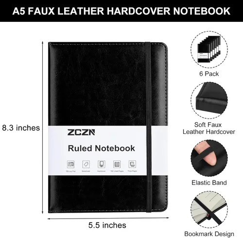 Miniatura 2 de ZCZN Cuadernos de Diario Forrados para Trabajo, 14x21 cm, 192 Páginas, Cuadernos de Cuero de Tapa Dura A5 para Escritura, Diario y Viaje, Cuadernos