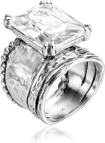 JEAN RACHEL JEWELRY Anillo de plata de ley 925, diseño vintage martillado con circonita cúbica en forma de octágono, hipoalergénico, sin plomo ni