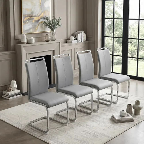 Miniatura 54 de gopop Juego de sillas de comedor, sillas modernas de metal con asiento acolchado de piel sintética, respaldo alto y patas cromadas resistentes, Negro