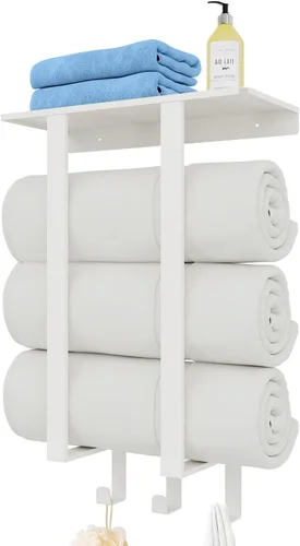 Miniatura 14 de Toalleros para baño, toallero con estante y 3 ganchos, soportes de almacenamiento de toallas de pared para toallas de baño enrolladas, color negro