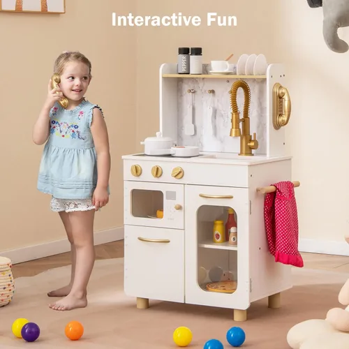 Miniatura 6 de INFANS Juego de cocina para niños, juego de cocina de madera para niños pequeños con estufa de teléfono, gabinete de almacenamiento de microondas