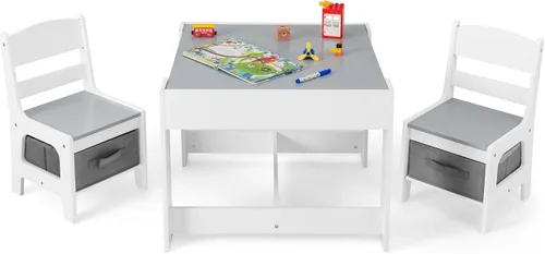 HONEY JOY Mesa y sillas para niños, juego de actividades de madera 3 en 1 con almacenamiento, mesa desmontable, para arte, manualidades, dibujo, Gris