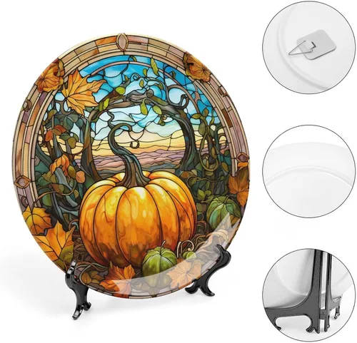 Miniatura 4 de Platos decorativos, diseño de cristal de arce y calabaza, plato de cerámica para el hogar con soporte de exhibición, decoración para colgar