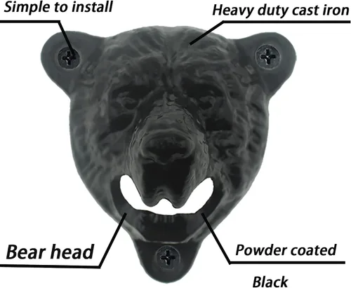 Miniatura 2 de Abridor de botellas de cerveza de hierro fundido con cabeza de oso negro, dientes grizzly montados en la pared para decoración de garaje de cueva