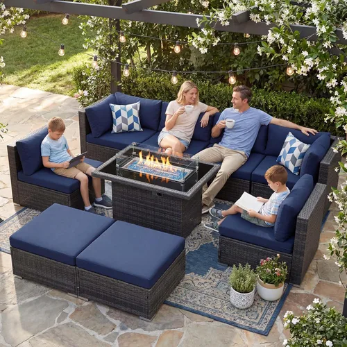 Miniatura 77 de NICESOUL Juego de muebles de patio para exteriores de 7 piezas con mesa para hoguera, gas natural y propano convertible, respaldo alto de 29.3