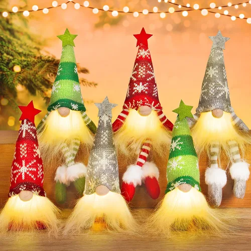 Paquete de 6 adornos navideños de gnomo, gnomos suecos hechos a mano iluminados Tomte de peluche con luces, elfo de Papá Noel festivo, regalo de