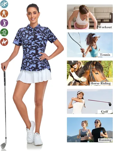 Miniatura 5 de Tanst Sky Polo de golf para mujer, manga corta, con cremallera de un cuarto, absorbe la humedad