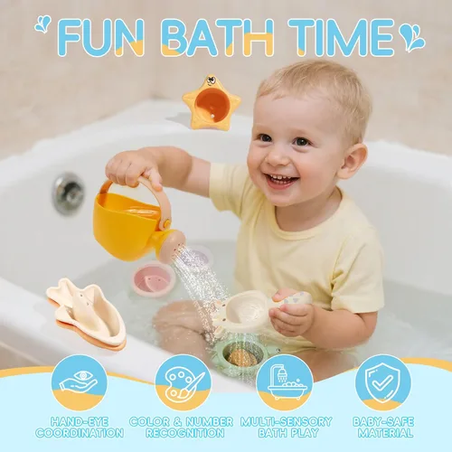 Miniatura 2 de Juguetes de baño para niños de 1 a 3 años, 16 unidades Juguetes de baño fáciles de limpiar y sin moho para bebés con tazas apilables Regadera