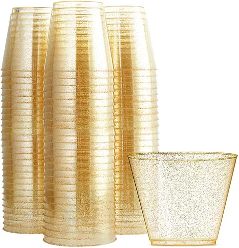 WDF 200 vasos dorados de 9 onzas, desechables de alta calidad, para boda, con purpurina dorada, para fiestas, baby shower, boda, primavera
