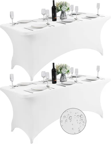 Miniatura 14 de SuperO - Paquete de 2 manteles de elastano impermeables para mesas de 6 pies, mantel elástico universal ajustable para fiestas, banquetes, bodas