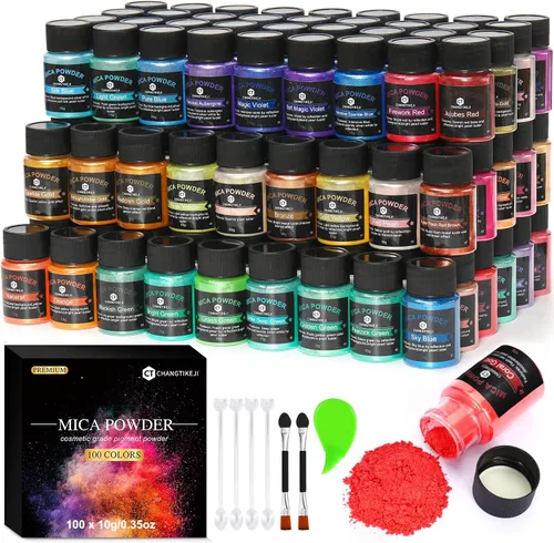 Miniatura 7 de CHANGTIKEJI Polvo de Mica ，100 Colores - 10g/Botella de Pigmento Natural para Resina Epóxica，Brillo de Labios，Sombra de Ojos,Ambientadores