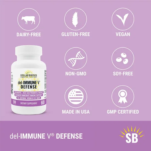 Miniatura 2 de Del-Immune V® Defense by Stellar Biotics, Apoyo inmunológico totalmente natural y salud intestinal (+) Cuidado inmediato, Metabiótico: terapia