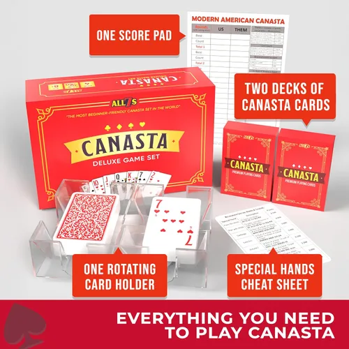 Miniatura 3 de All7s Juego de Canasta de Lujo - Juego de Cartas Clásico para Adultos y Personas Mayores - Cartas de Letra Grande, Bandeja Giratoria y Bloc
