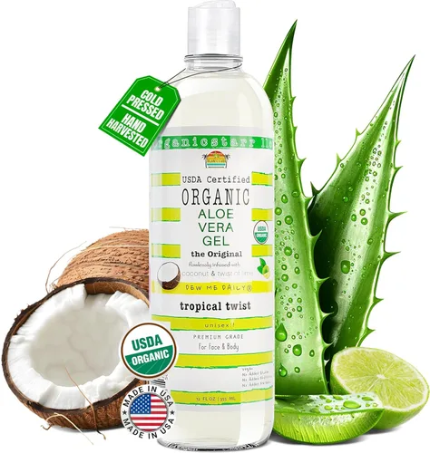 Gel de aloe vera orgánico certificado por USDA, 12 onzas, 100% puro, prensado en frío, cosechado a mano, infundido con aceites esenciales de coco,
