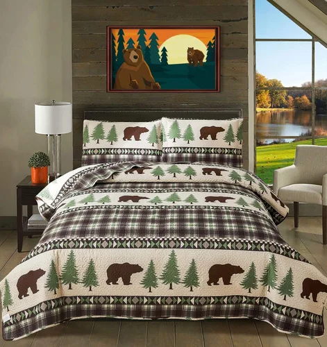 Miniatura 12 de CHESITY Juego de edredón rústico de tamaño individual, juego de ropa de cama de cabaña de alce y oso, colcha cosida, juego de cama reversible
