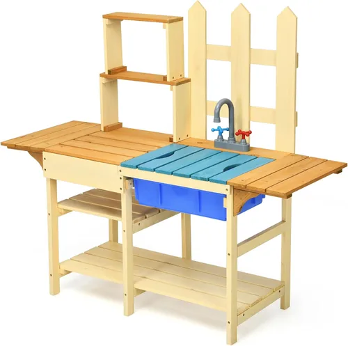 Costzon Cocina de barro para niños al aire libre, cocina de madera con fregadero extraíble, grifo, estantes de almacenamiento, mesa de barro, juego