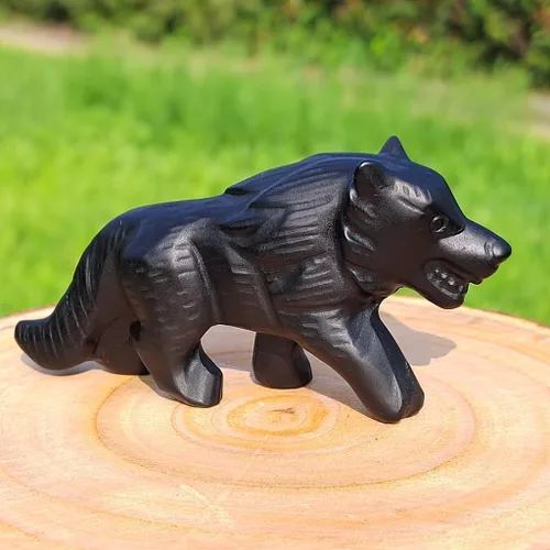 Miniatura 4 de Figura de cristal de calavera de lobo, obsidiana natural, escultura de piedra tallada, estatua de animal en cuarzo negro