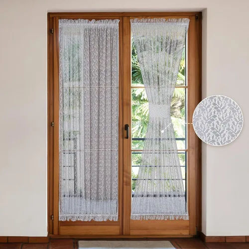 Miniatura 8 de Juego de 2 cortinas traslúcidas blancas para puerta francesa, 25 x 72 pulgadas, cortinas de gasa de encaje con ramas y hojas botánicas para patio