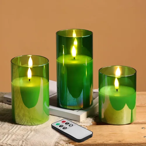 Eywamage Juego de 3 velas LED de cristal verde, con forma de columna gruesa, funcionan con pilas, con control remoto, sin llama, parpadeantes, de