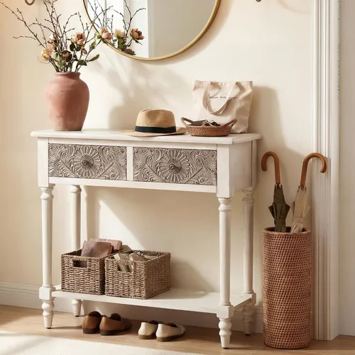 HOMPUS Mesa consola con 2 cajones y 1 estante, mesa de entrada rectangular estrecha, mesa de sofá decorativa antigua y contemporánea para sala de