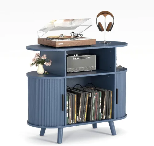 Miniatura 14 de Garvee 35'' Fluted Mid Century Modern Turntable Cabinet, Large Round Record Player Stand with Charging Station and Display Shelf, Arched Wood Record