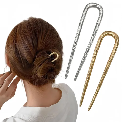 2 horquillas francesas de metal en forma de U para mujer, bonitas horquillas onduladas para cabello largo, horquillas medianas plateadas doradas,