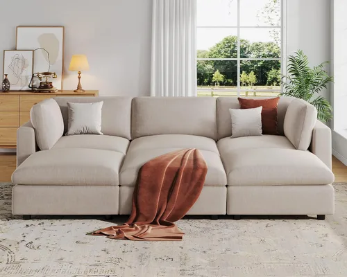 Miniatura 36 de VANOMi Sofá modular, cómodo sofá con marco de madera maciza de 3 asientos, sofá moderno certificado FSC para sala de estar, beige