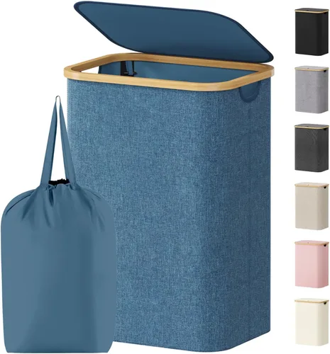 Miniatura 39 de Lifewit Cesta de ropa de 120L con tapa, cestas de ropa para lavandería con asas de bambú y una bolsa de lavandería extraíble, cesta plegable grande